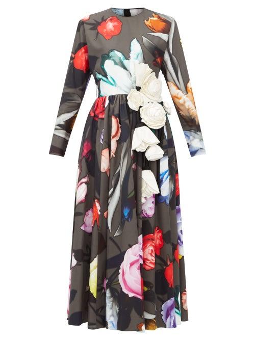Matchesfashion.com Prada - Rose Print And Silk Appliqu Cotton Poplin Dress - Womens - Black Multi