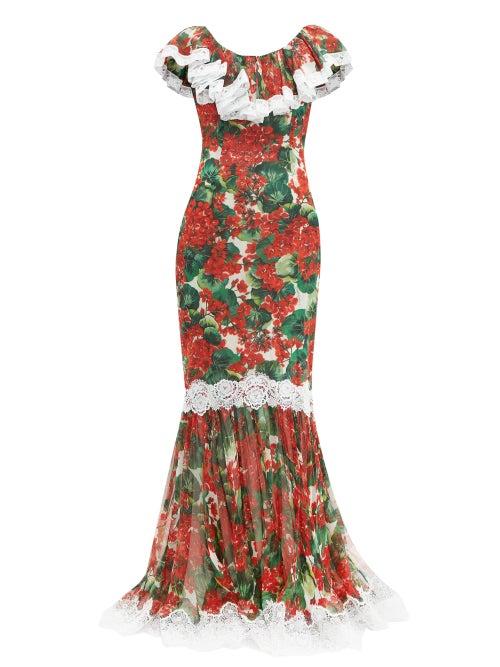 Matchesfashion.com Dolce & Gabbana - Geranium Print Lace Trim Silk Blend Gown - Womens - Red Multi