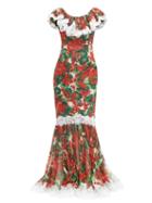 Matchesfashion.com Dolce & Gabbana - Geranium Print Lace Trim Silk Blend Gown - Womens - Red Multi