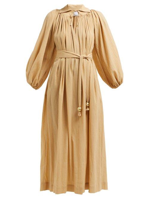 Matchesfashion.com Lisa Marie Fernandez - Gathered Balloon Sleeve Cotton Maxi Dress - Womens - Beige