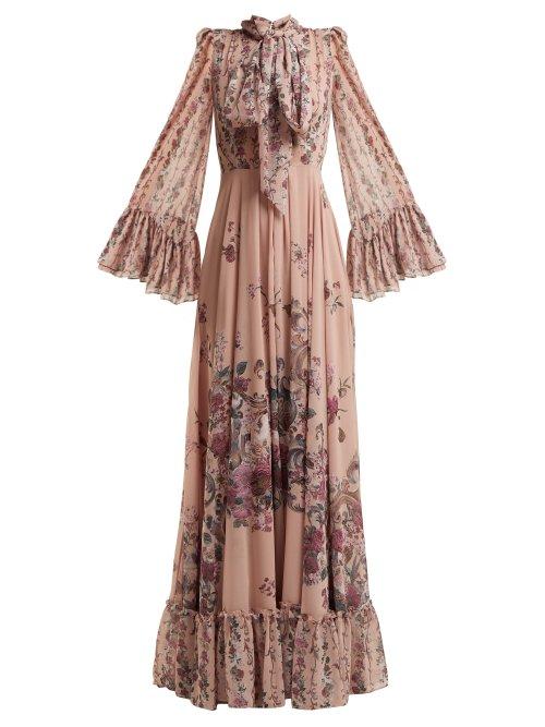 Matchesfashion.com Luisa Beccaria - Pussy Bow Floral Print Georgette Gown - Womens - Pink Print