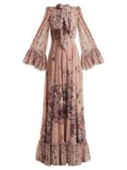 Matchesfashion.com Luisa Beccaria - Pussy Bow Floral Print Georgette Gown - Womens - Pink Print