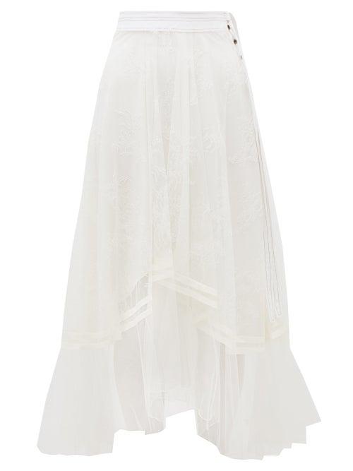 Matchesfashion.com Chlo - Asymmetric Chantilly-lace And Silk-crepe Skirt - Womens - White