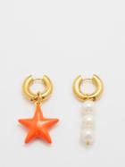 Timeless Pearly - Mismatched Star & Pearl Gold-plated Hoop Earrings - Womens - Orange Multi