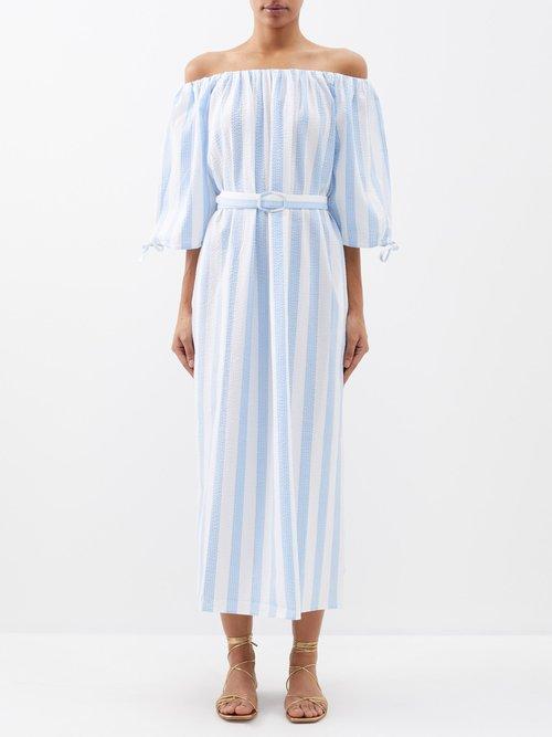 Evi Grintela - Melissa Off-the-shoulder Striped-seersucker Dress - Womens - Blue White
