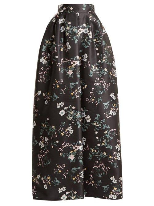 Matchesfashion.com Rochas - Bouquet Print Duchess Satin Skirt - Womens - Black Print