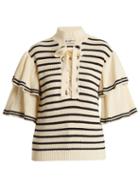 Matchesfashion.com Self-portrait - Flared Sleeve Striped Cotton Blend Sweater - Womens - Ivory