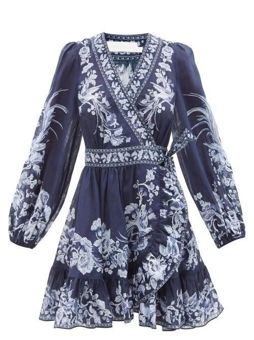 Ladies Beachwear Zimmermann - Aliane Blue Bird-print Cotton Wrap Dress - Womens - Navy