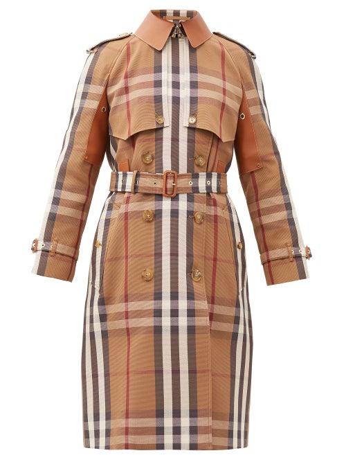 Matchesfashion.com Burberry - Leather-panel Vintage-check Canvas Trench Coat - Womens - Brown Multi