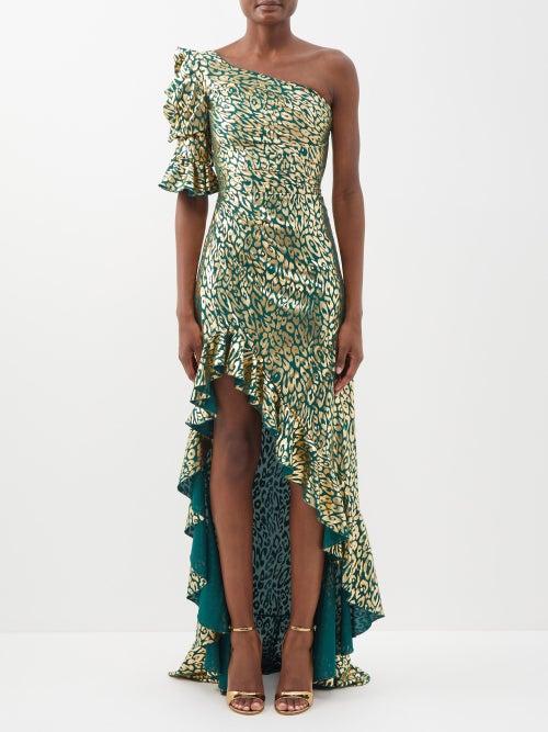 Halpern - Asymmetric One-shoulder Leopard-lam Maxi Dress - Womens - Green Gold