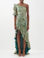 Halpern - Asymmetric One-shoulder Leopard-lam Maxi Dress - Womens - Green Gold