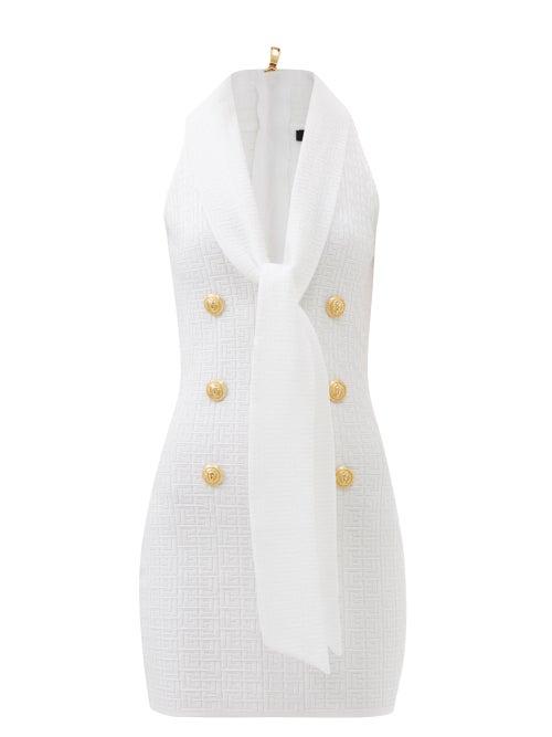 Balmain - Scarf-neck Monogram-jacquard Mini Dress - Womens - White