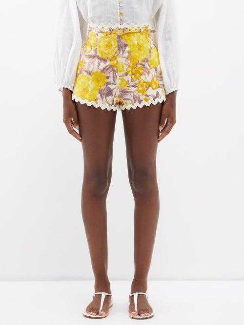Zimmermann - High Tide Rickrack Floral-print Linen Shorts - Womens - Yellow Print