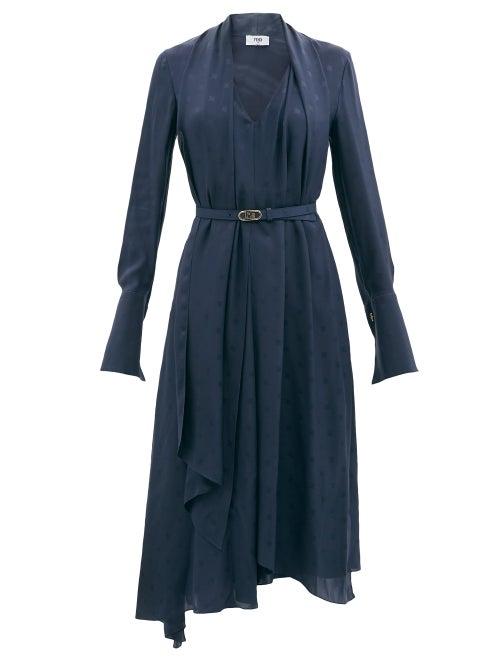 Fendi - Belted Logo-jacquard Silk Crpe De Chine Dress - Womens - Navy