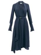 Fendi - Belted Logo-jacquard Silk Crpe De Chine Dress - Womens - Navy