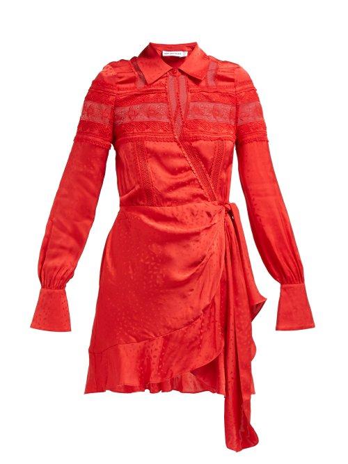 Matchesfashion.com Self-portrait - Ruffled Satin Jacquard Wrap Dress - Womens - Red