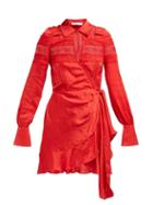 Matchesfashion.com Self-portrait - Ruffled Satin Jacquard Wrap Dress - Womens - Red