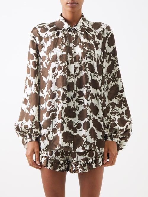 Khaite - Frances Stencil-print Washed-satin Shirt - Womens - Brown