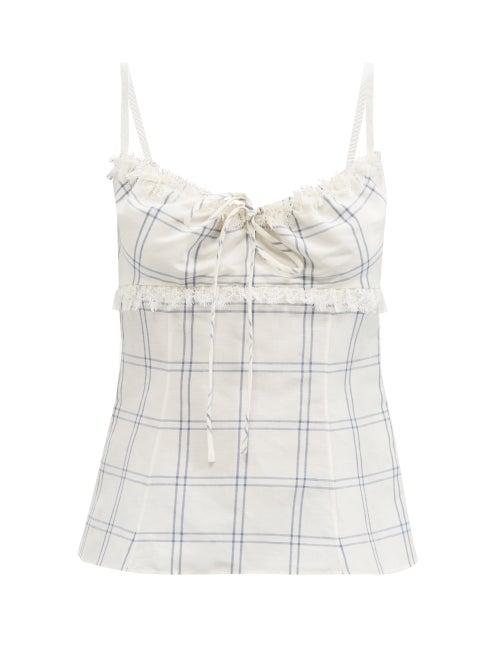 Ladies Rtw Brock Collection - Siria Windowpane-check Linen-blend Top - Womens - Blue White
