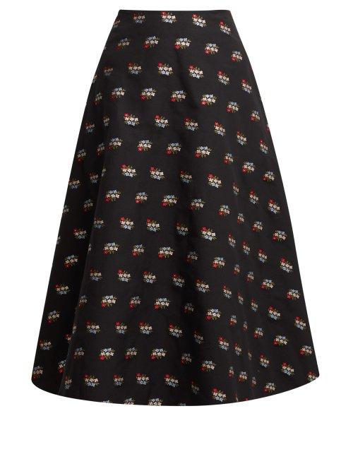 Matchesfashion.com Erdem - Thia Floral Fil Coup Cotton Blend Midi Skirt - Womens - Black Multi