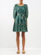 Juliet Dunn - Mosaic-print Gathered Cotton Mini Dress - Womens - Dark Green