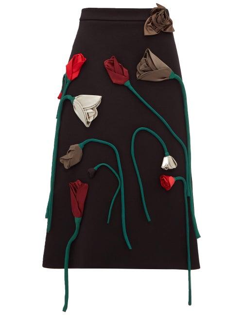 Matchesfashion.com Prada - Silk Flower Appliqu A Line Wool Skirt - Womens - Black Multi