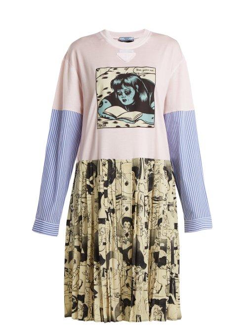 Matchesfashion.com Prada - Comic Print Cotton Jersey And Silk Dress - Womens - Pink Multi