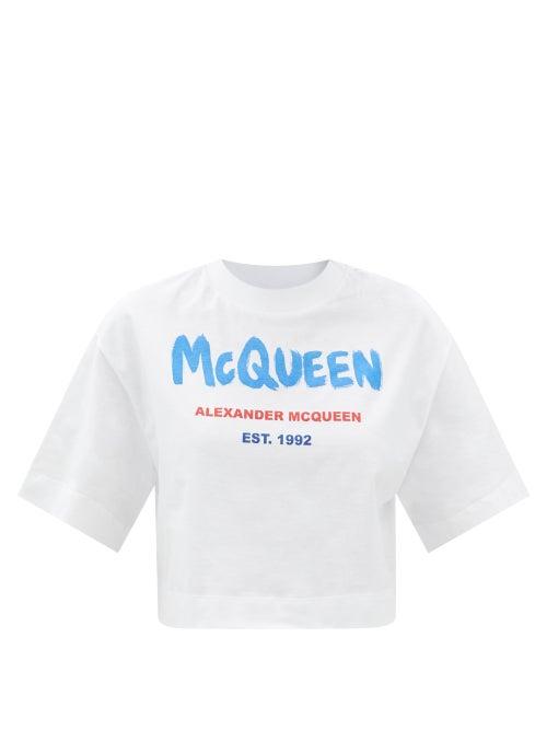 Alexander Mcqueen - Graffiti-logo Cotton-jersey Cropped T-shirt - Womens - White