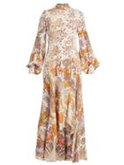 Matchesfashion.com Peter Pilotto - Floral Print Balloon Sleeve Silk Dress - Womens - Orange White
