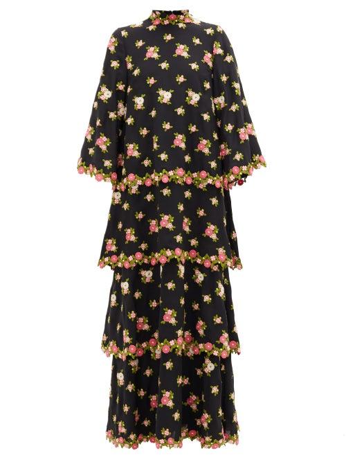 Matchesfashion.com Andrew Gn - Tiered Floral-embroidered Silk-blend Crepe Dress - Womens - Black