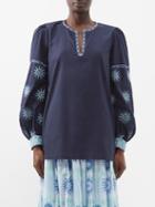 Emporio Sirenuse - Vera Balance Embroidered Cotton Shirt - Womens - Blue