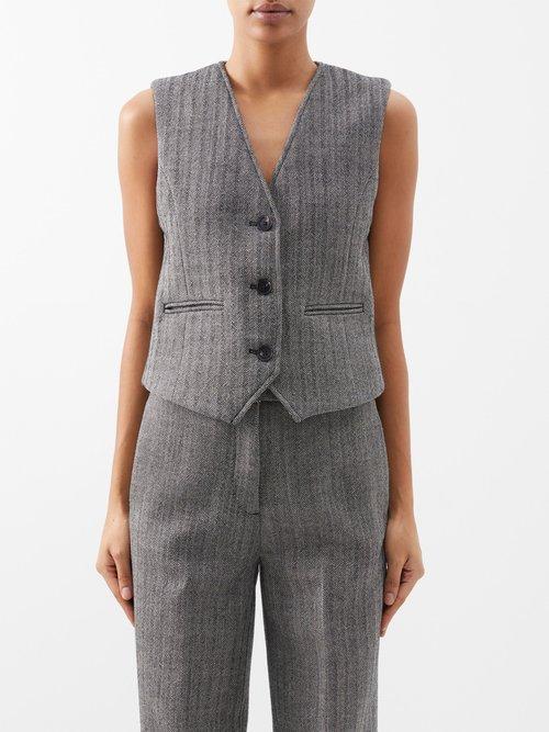 Co - Herringbone Wool Waistcoat - Womens - Dark Grey