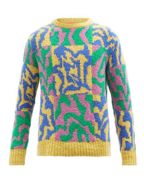 The Elder Statesman - Warbled-check Boucl Sweater - Mens - Yellow Multi