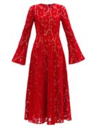 Matchesfashion.com Christopher Kane - Fluted-sleeve Flocked-velvet Lace Dress - Womens - Red