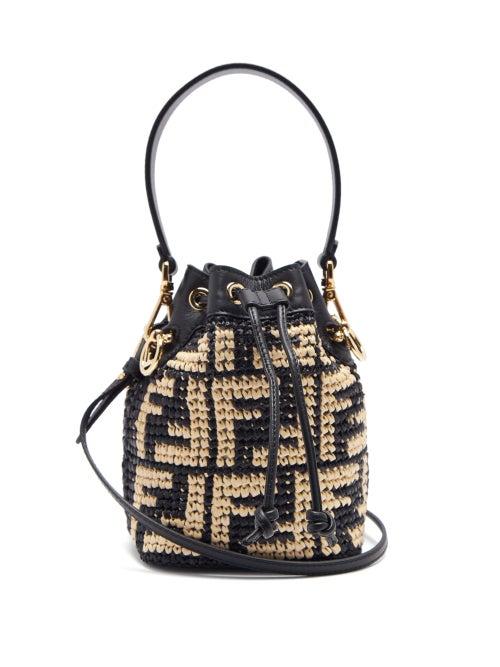 Matchesfashion.com Fendi - Mon Tresor Mini Ff-logo Raffia Bucket Bag - Womens - Black Multi