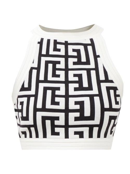 Balmain - Monogram-jacquard Wool-blend Cropped Top - Womens - Black White