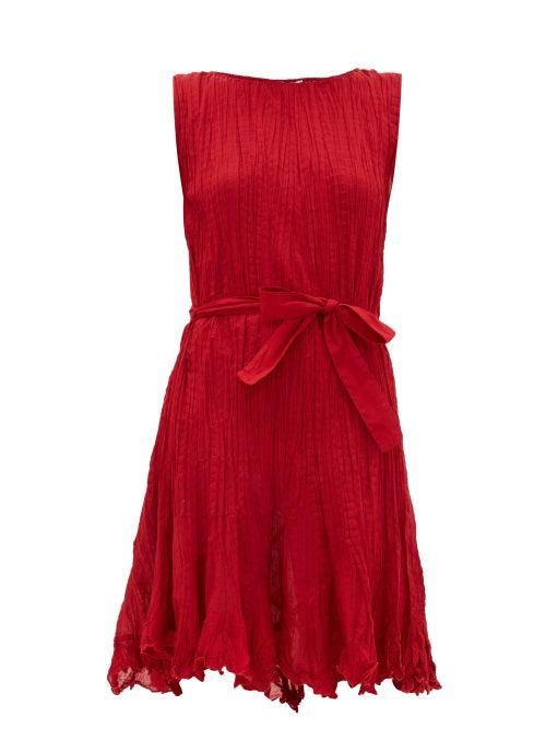 Matchesfashion.com Mes Demoiselles - Carla Belted Pleated-cotton Mini Dress - Womens - Red