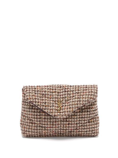 Saint Laurent - Puffer Ysl-logo Plaque Padded Tweed Clutch Bag - Womens - Multi