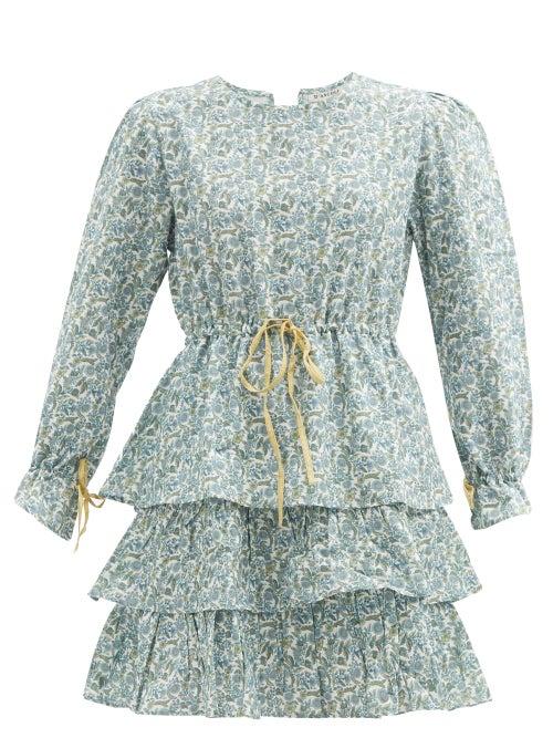 Matchesfashion.com D'ascoli - Zuzu Drawstring Floral-print Cotton-khadi Dress - Womens - Blue
