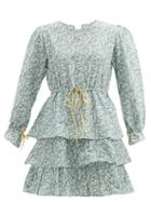 Matchesfashion.com D'ascoli - Zuzu Drawstring Floral-print Cotton-khadi Dress - Womens - Blue