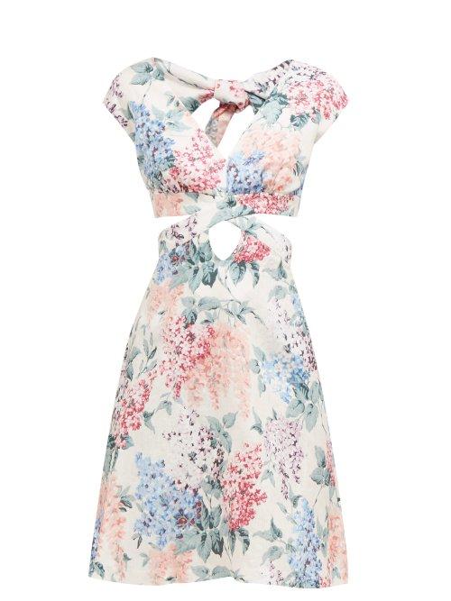 Matchesfashion.com Ephemera - Bloom Cut Out Front Floral Print Linen Mini Dress - Womens - Blue Print