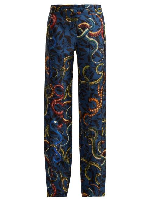 Matchesfashion.com F.r.s - For Restless Sleepers - Zelos Snake Print Silk Trousers - Womens - Blue Print