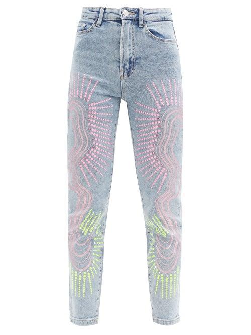 Matchesfashion.com Germanier - Upcycled Swarovski-crystal Abstract-print Jeans - Womens - Denim Multi