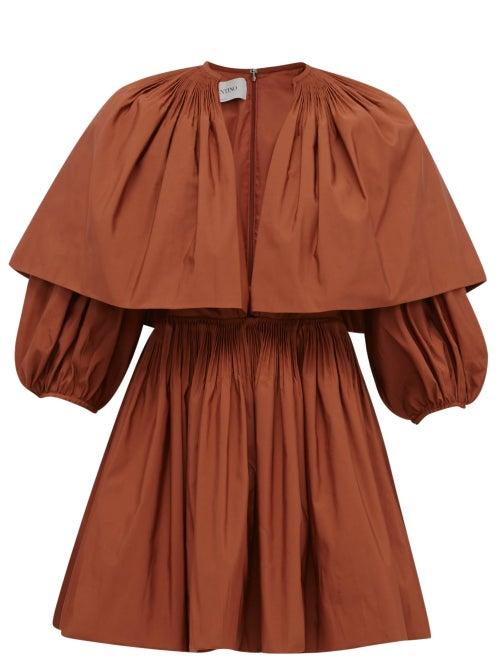 Matchesfashion.com Valentino - Caped V-neck Pleated Cotton-blend Mini Dress - Womens - Brown
