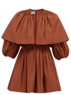 Matchesfashion.com Valentino - Caped V-neck Pleated Cotton-blend Mini Dress - Womens - Brown