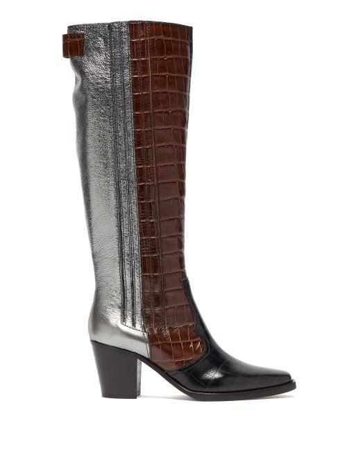 Matchesfashion.com Ganni - Panelled Leather Western Boots - Womens - Brown Multi