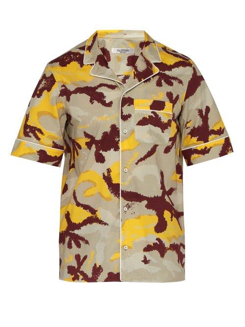 Matchesfashion.com Valentino - Camouflage Print Cotton Bowling Shirt - Mens - Grey Multi
