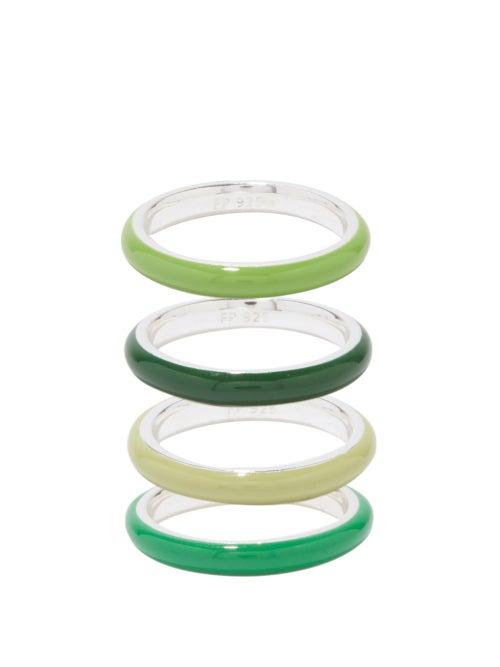 Fry Powers - Set Of Four Grass Enamelled Sterling-silver Rings - Womens - Green Multi