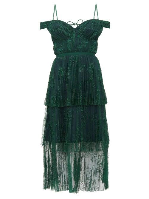 Matchesfashion.com Self-portrait - Off The Shoulder Floral Lace Midi Dress - Womens - Dark Green