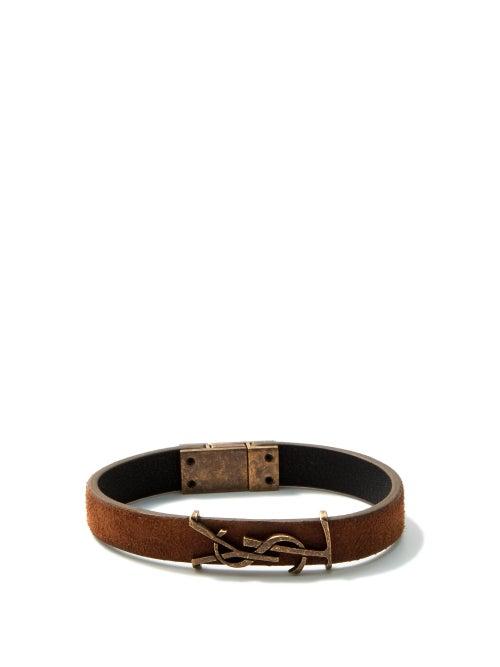 Matchesfashion.com Saint Laurent - Ysl-plaque Leather And Antiqued-metal Bracelet - Womens - Brown